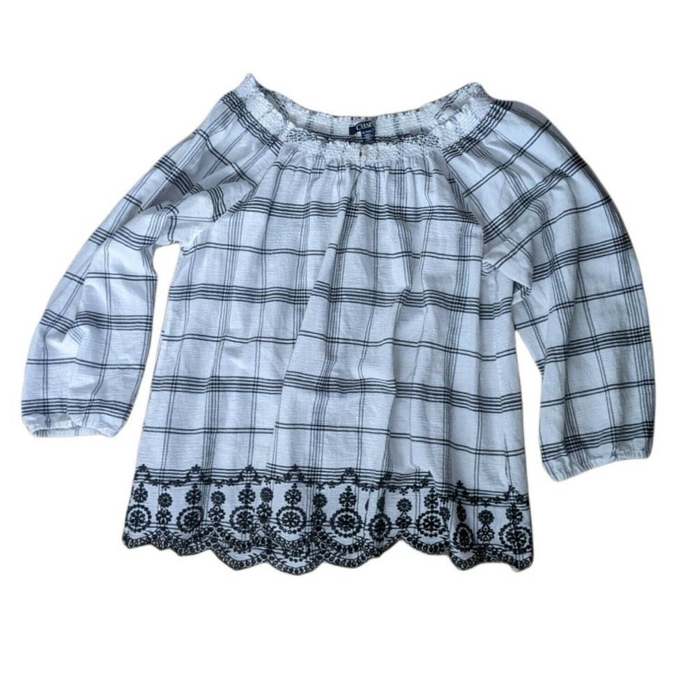 Chaps Womens White Plaid Balloon Sleeve Crochet Lace Hem Blouse Top Size XL